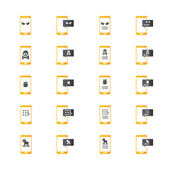 Malware notification on mobile phone. Virus, malware, email fraud, e-mail spam, phishing scam, hacker attack concept. Vector illustration. Icons set.	
