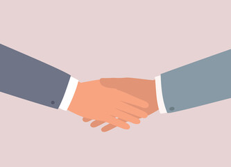 Two Businessman’s Hands In Businesswear Handshake. Close-Up. Flat Design Style, Character, Cartoon.