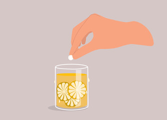 A Person’s Hand Putting Drugs Into A Glass Of Lemon Drinks. Close-Up. Flat Design Style, Character, Cartoon.