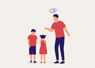 Angry Father Scolding His Son For Bullying His Sister And Making Her Cry. Full Length. Flat Design Style, Character, Cartoon.