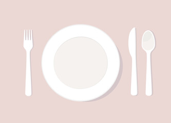 Top View Of White Empty Plate With Fork, Knife And Spoon.