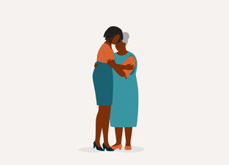 Black Senior Mother And Adult Daughter Hugging Each Other Lovingly. Full Length. Flat Design Style, Character, Cartoon.