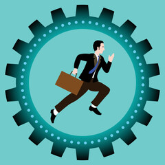 Businessman running inside the gear. Figure of a man with briefcase inside the cog wheel.