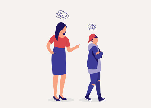 Mother Angry At Her Teenage Son With Bad Attitude. Rebellious Teenage Boy With Arms Crossed Walking Away And Feeling Annoyed. Full Length. Flat Design Style, Character, Cartoon.