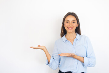 Portrait of a Business Woman Pointing to the Side Showing Displaying Drawing Attention