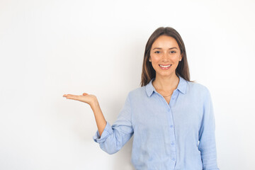 Portrait of a Business Woman Pointing to the Side Showing Displaying Drawing Attention