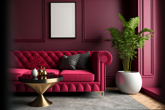 Viva magenta is a striking and on-trend color in the luxury living lounge, with a painted mockup wall featuring a rich and bold crimson red burgundy hue. The blank, modern room design boasts a sleek a