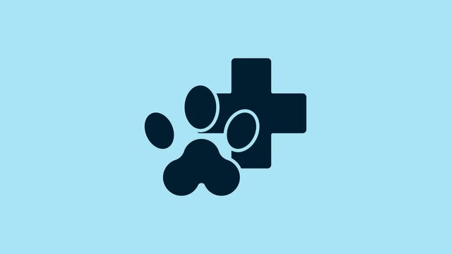 Blue Veterinary clinic symbol icon isolated on blue background. Cross hospital sign. Stylized paw print dog or cat. Pet First Aid sign. 4K Video motion graphic animation