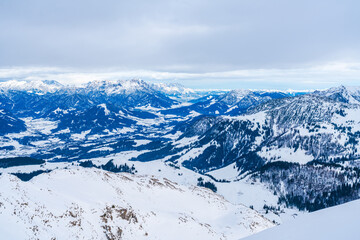 Fototapeta na wymiar View of wintry landscape from Kitzbuhel Horn mountain in Austrian Alps in Kitzbuhel. Winter in Austria