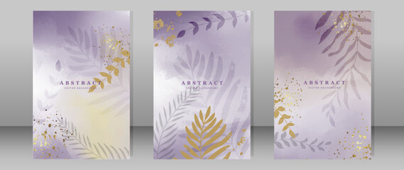 Set of three vector watercolor backgrounds in lilac tones with golden leaves and branches for wedding cards, invitations, covers, designs, projects