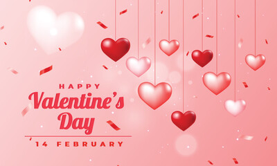 Happy Valentine's day wishing template, beautiful paper cut clouds with 3d red hearts on pink background. Vector illustration.