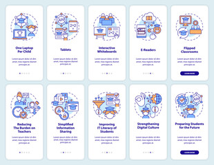 ICT in education industry onboarding mobile app screens set. Walkthrough 5 steps editable graphic instructions with linear concepts. UI, UX, GUI template. Myriad Pro-Bold, Regular fonts used