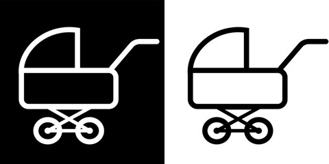 
An image of a baby stroller icon, one is black on a white background, the other is white on a black background