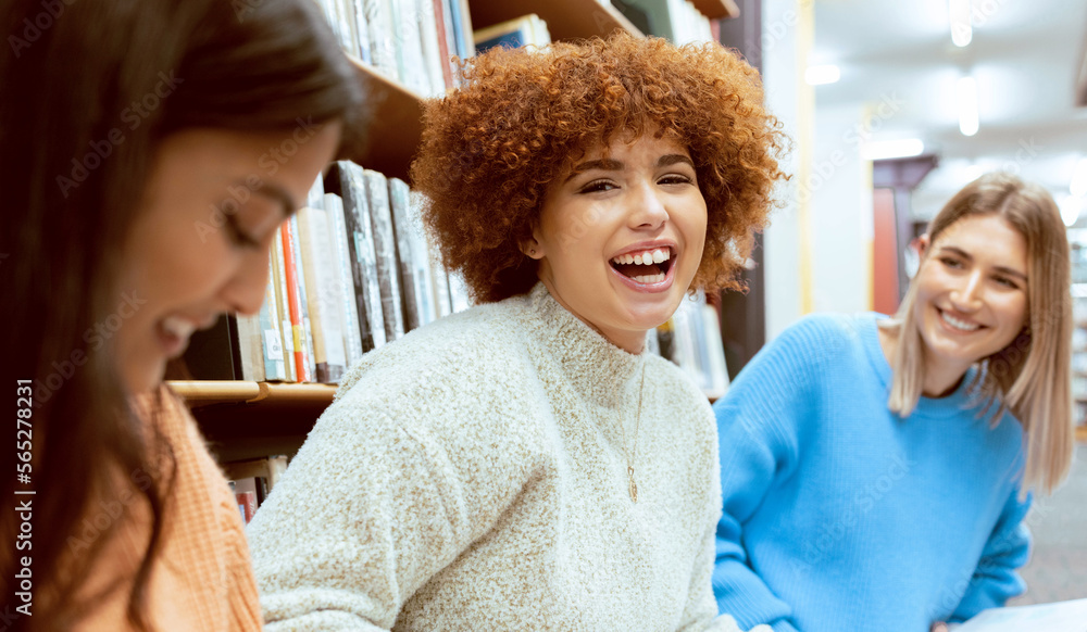 Wall mural Friends, women and students in library, conversation or happiness while studying together, floor or focus. Female academics, girls or ladies with higher education, learning or ready for exams or test