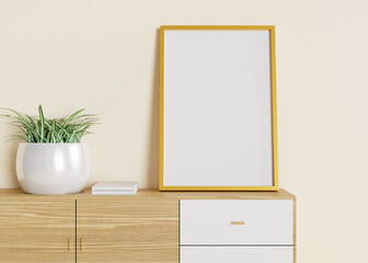 Design 3d rendering of cupboard and photo frame mockup