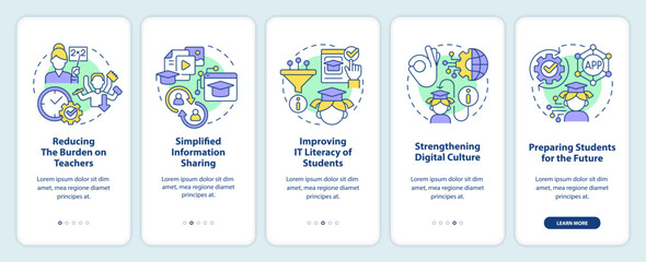 ICT benefits in education onboarding mobile app screen. Studying walkthrough 5 steps editable graphic instructions with linear concepts. UI, UX, GUI template. Myriad Pro-Bold, Regular fonts used