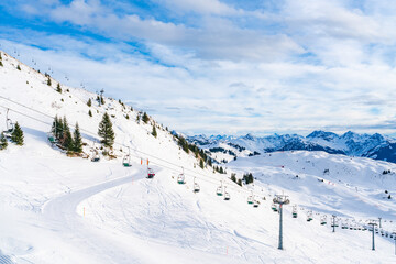 Fototapeta na wymiar View of wintry landscape from Kitzbuhel Horn mountain in Austrian Alps in Kitzbuhel. Winter in Austria