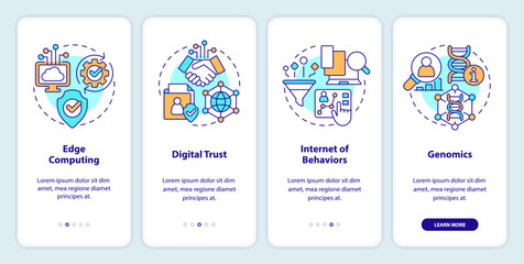 Information technology trends onboarding mobile app screen. Progress walkthrough 4 steps editable graphic instructions with linear concepts. UI, UX, GUI template. Myriad Pro-Bold, Regular fonts used