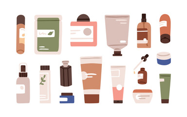Cosmetic packages, tubes, jars, bottles set. Beauty product containers. Bathroom packs with cream, lotion, spray, serum dropper, essences. Flat graphic vector illustration isolated on white background