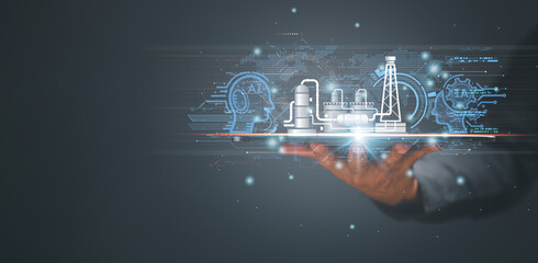 Ai smart Manufacturing and Hitech to communicate with humans for Upskill Reskill. Ai connection automation to global cyber network concept. new technology in future can support all business 4.0, IIoT