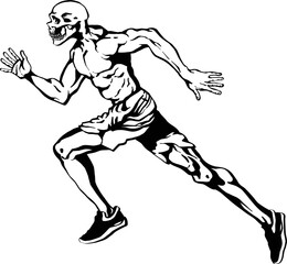 Skull human athlete running pose marathon jogging splinter sport shoes running shoes logo mini marathon workout black and white