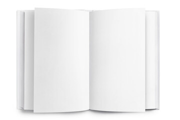 Blank opened book mockup, top view, isolated on white