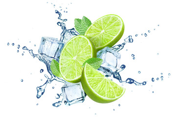Fresh limes, mint leaves, ice cubes and water splashes, isolated on white background