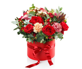 Beautiful bouquet in red luxury present box with red bow, isolated on white background - Powered by Adobe