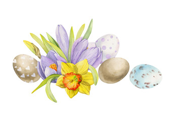 Watercolor hand drawn Easter celebration clipart. Composition of painted eggs, spring flowers, leaves, twig. Isolated on white background Design for invitations, gifts, greeting cards, print, textile