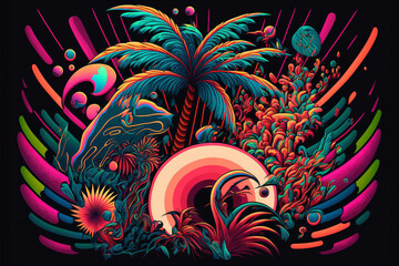 retro color rich funkadelic tropical jungle background - new quality universal colorful joyful holiday stock image illustration design