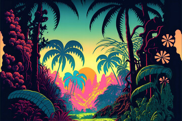 Fototapeta na wymiar retro color rich funkadelic tropical jungle sunset sea beach y2k background - new quality universal colorful joyful travel stock image illustration design