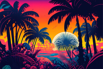 Fototapeta na wymiar retro color rich funkadelic tropical jungle sunset sea beach y2k background - new quality universal colorful joyful travel stock image illustration design