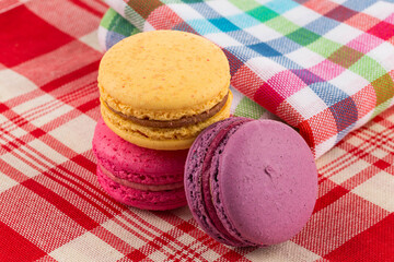 Colorful macaroon on tablecloth