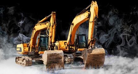 Two large excavator moving stone or soil in a quarry at a construction site. Heavy construction...