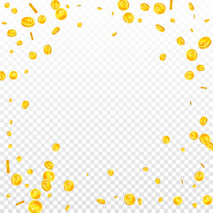 Swiss franc coins falling. Gold scattered CHF