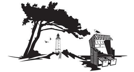 Blick auf Hiddensee mit Leuchtturm Dornbusch und Strandkorb als Vektoren