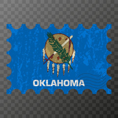 Postage stamp with Oklahoma state grunge flag. Vector illustration.