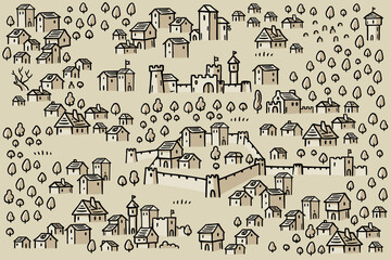 Medieval city fantasy map. Mountain river and village buildings. Middle Ages map for board game. Hand drawn vector.