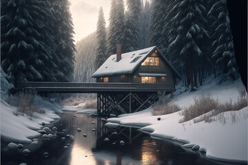 Cozy cabin near bridge over river in winter forest landscape