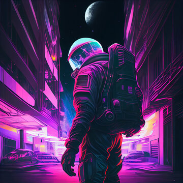 Standing Astronaut Cyberpunk Style. Generative Ai.