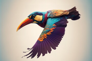 Tropical bird shown in abstract form, the flying toucan. color illustration Paints in a graphic