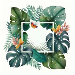 banner tropical leaves and butterflies. branches. isolated on white background. Generative AI