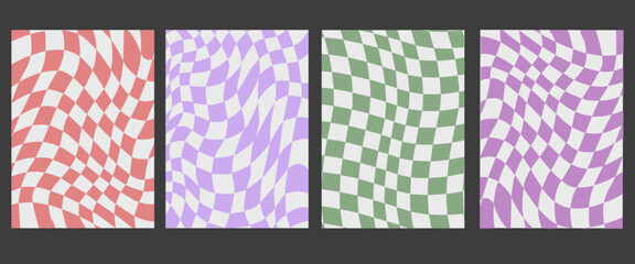 Checkered Groovy Backgrounds Collection. Retro Psychedelic Checkerboard Poster. Backgrounds in Pale Pastel Colors. Gingham vector wallpaper collection for print templates or textile.