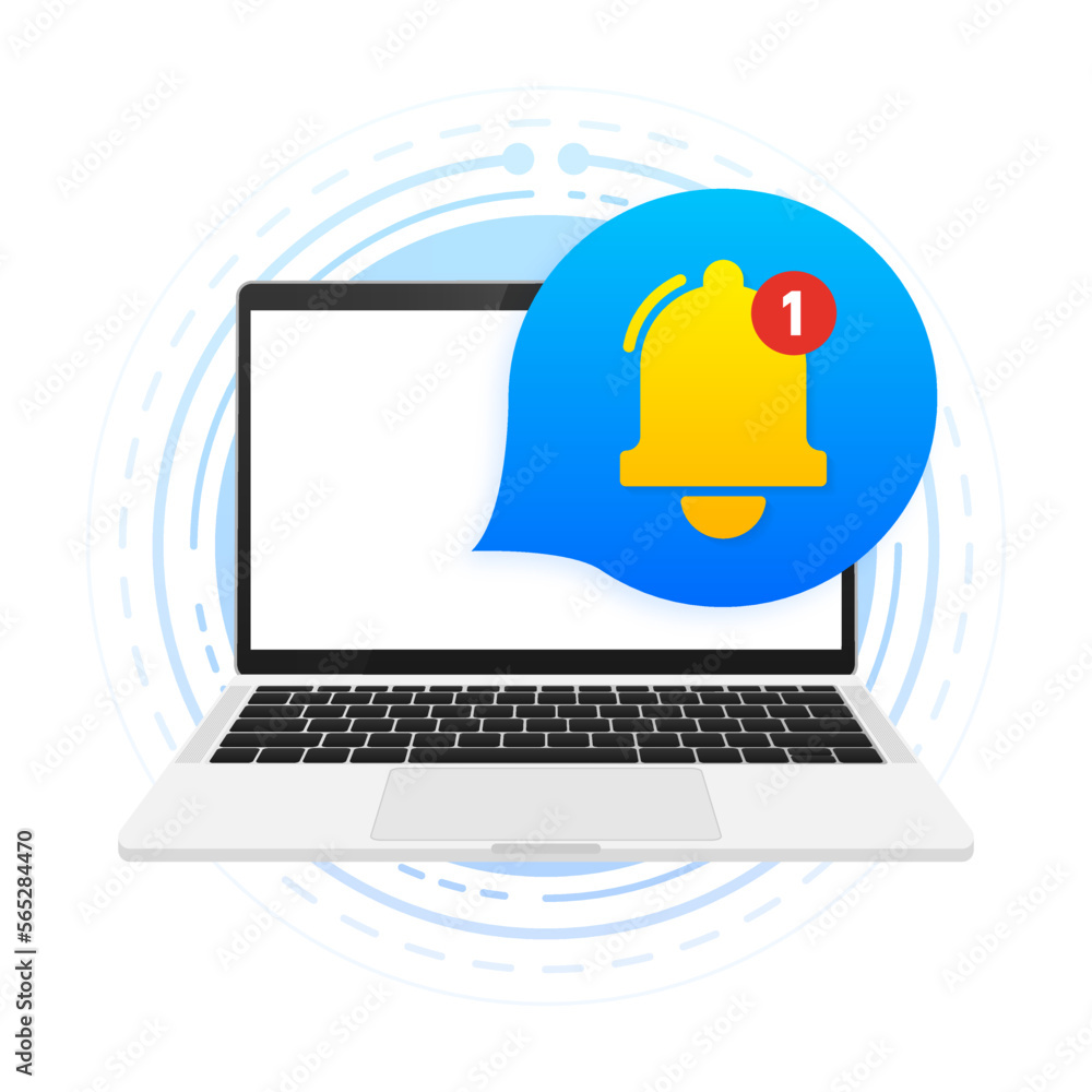 Poster new notification on laptop screen. laptop with notification bell. unread notification message bubble