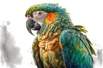 Drawing of an Ara parrot in watercolor on a white backdrop