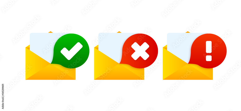 Poster open mail envelope icon collection with marker approved, rejected and error new message. render emai