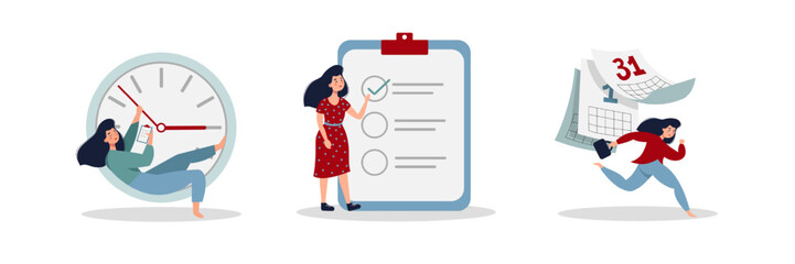 Time managemant. Woman organizes work schedule. Character create to do list. Girl run against background of tear off calendar. Flat vector illustration set