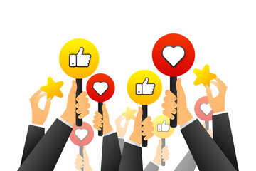 Businessmans Feedback concept. Hands vote, likes and dislikes, hearts and feedback. Social media votes, positive and negative signs. Vector illustration.