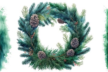 Fototapeta na wymiar Watercolor vector Christmas wreath with fir branches and place for text