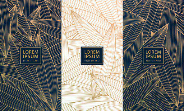 Set of vector design elements: labels, frames, wedding invitations, social net stories, eco packaging, luxury products, perfume, soap, wine. Line golden backgrounds, floral patterns with leaves